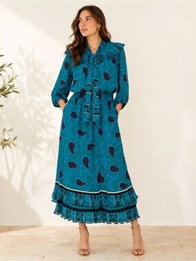 Vintage 1980 Diane Freis Teal Paisley Georgette 2-Piece Blouse & Midi Skirt Set
